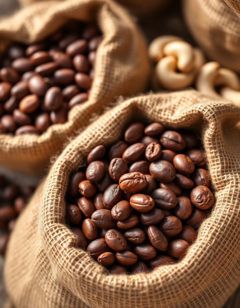 Raw cocoa beans and cashew nuts in burlap sacks